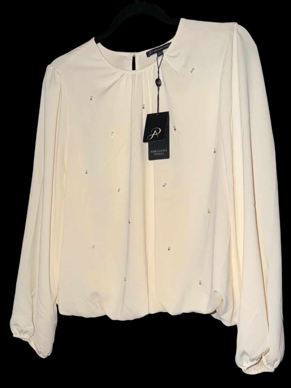 NWT Adrianna Papell Rhinestone-Pearl Embellished Long Sleeve Blouson Hem Blouse